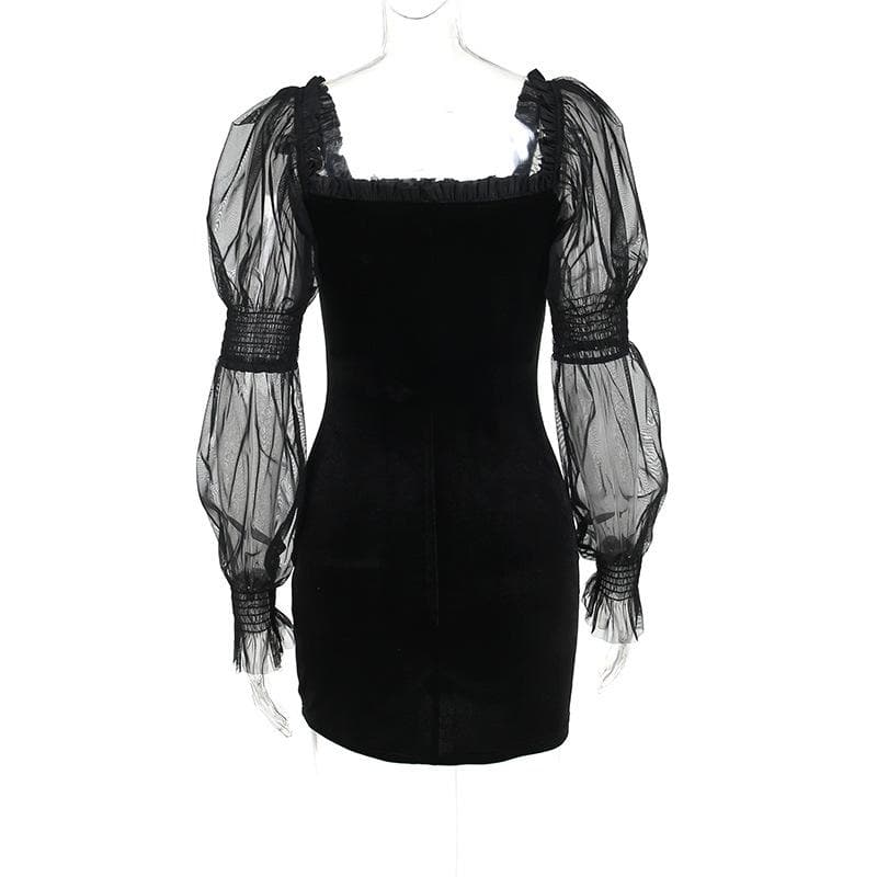 Velvet long puff sleeve ruffle mesh ruched square neck mini dress - View 4