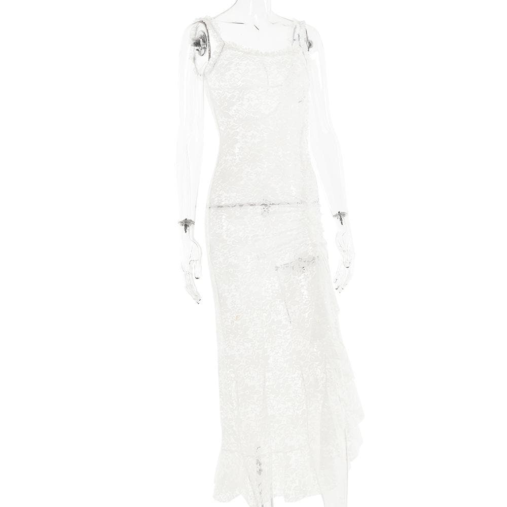 Lace see through self tie solid backless slit maxi dress - View 3