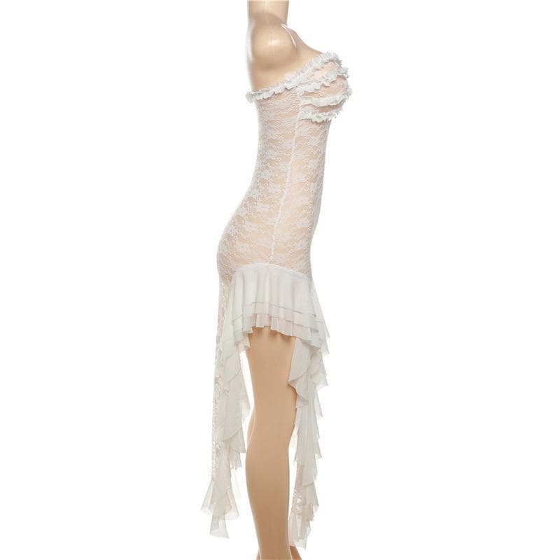 Lace see through ruffle backless slit tube midi dress - View 3