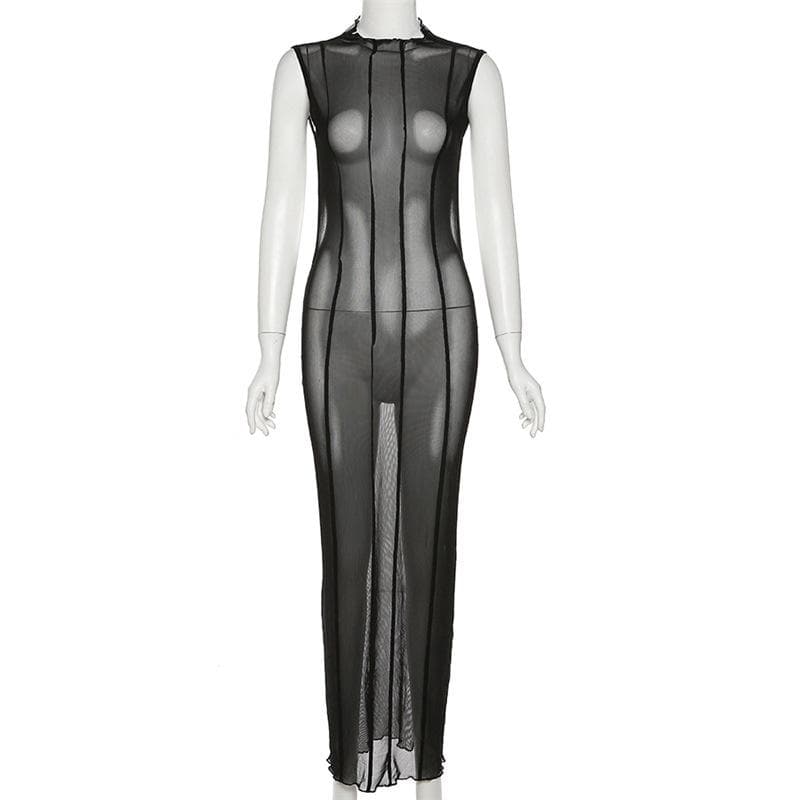 Sleeveless solid sheer mesh see through backless midi dress - View 8