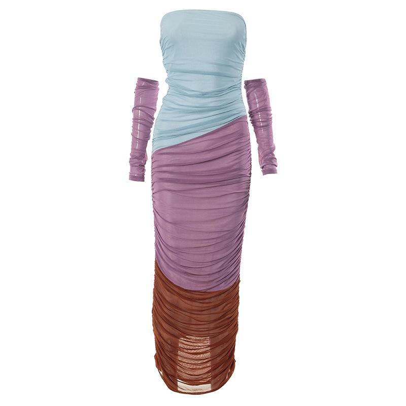 Mesh ruched contrast patchwork off shoulder maxi tube dress - View 2