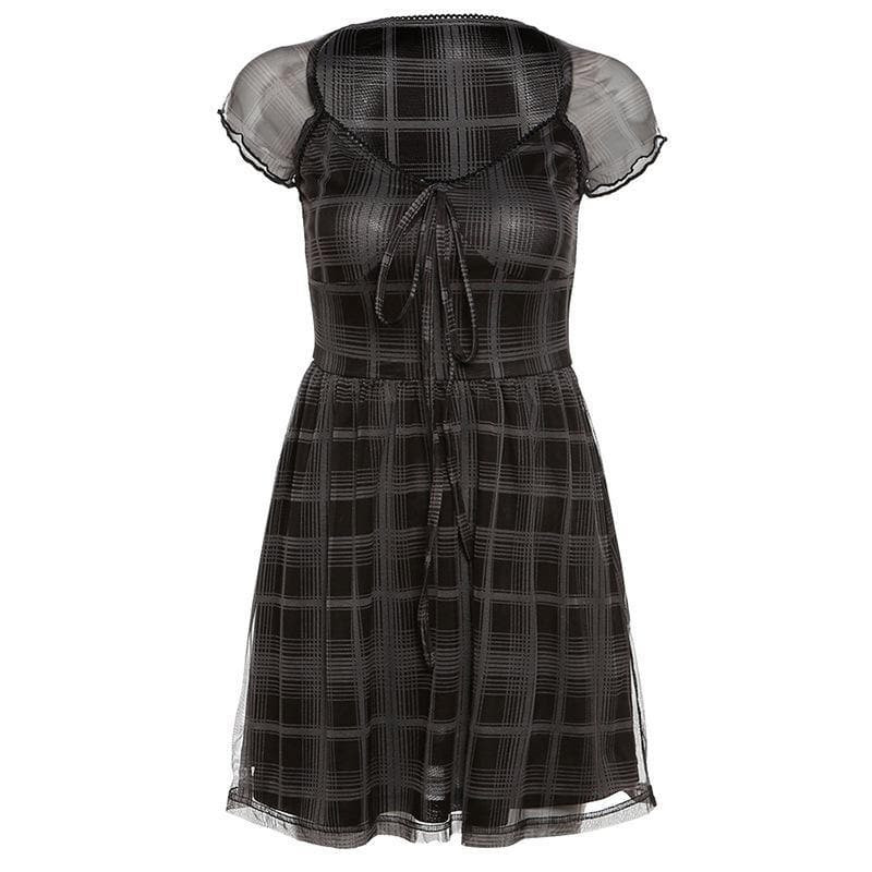 Mesh short sleeve plaid A line ruffled dress - View 2