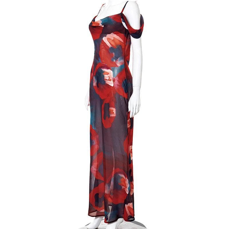 Off shoulder see through chiffon print maxi dress - View 3