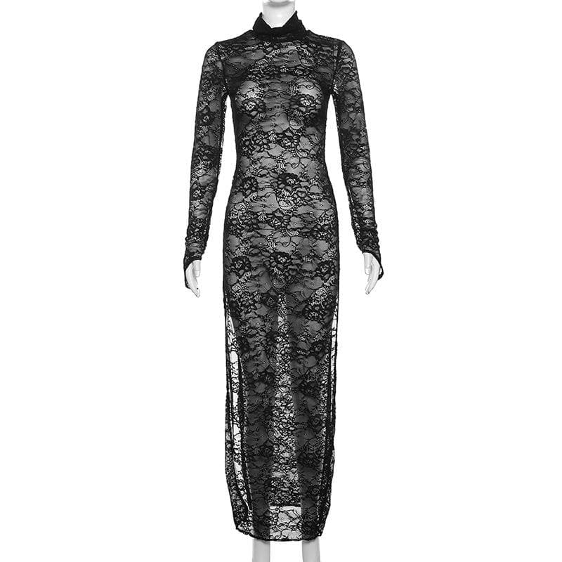 Lace long sleeve turtle neck see through slit gloves maxi dress - View 8