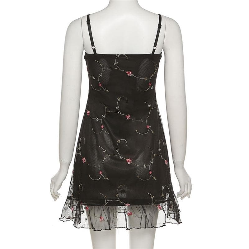 Satin Floral Embroidery Sweetheart Spaghetti Strap Mini Dress - View 4
