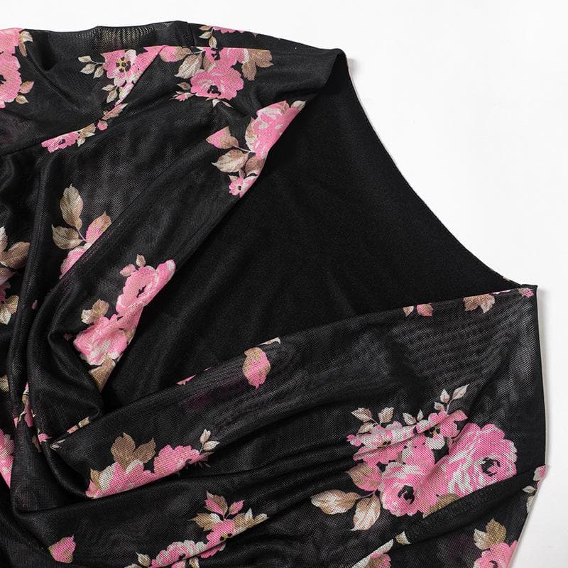 Floral Print Cowl Neck Long Sleeve Ruched Sheer Mesh Mini Dress - View 5
