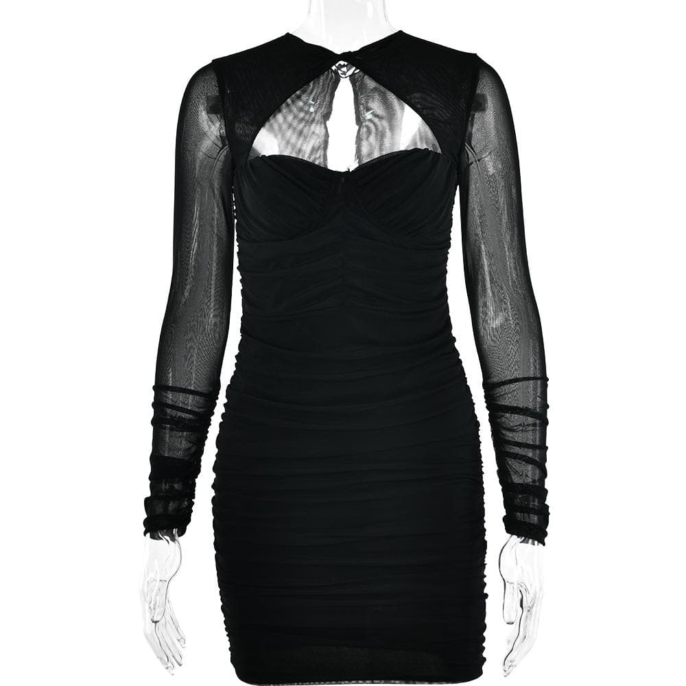 Hollow out ruched mesh long sleeve zip-up button mini dress - View 4