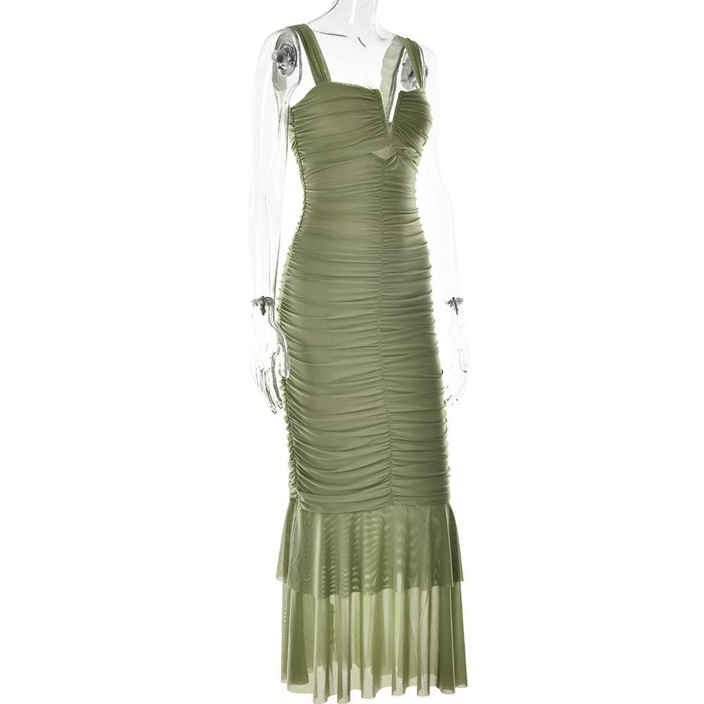 Solid ruched notch neck mesh zip-up ruffle maxi dress - View 7