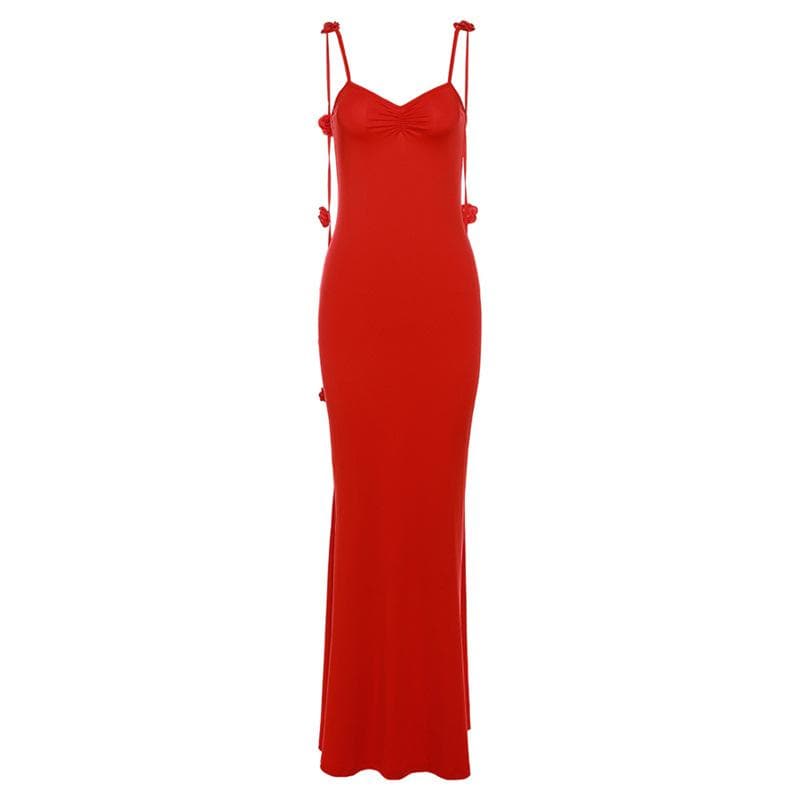 Flower applique backless solid v neck ribbon cami maxi dress - View 2