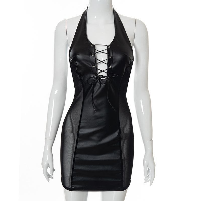 Lace up mesh PU leather patchwork halter dress - View 7