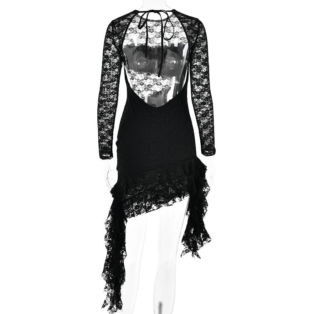 Lace backless solid ruffle long sleeve irregular mini dress - View 5