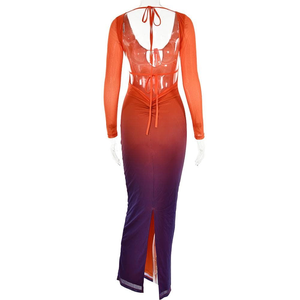 Mesh gradient long sleeve self tie backless slit maxi dress - View 5