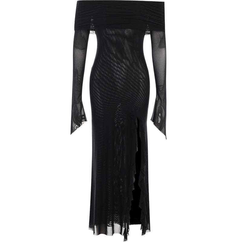 Off shoulder slit sheer mesh see through long sleeve maxi dress - View 4