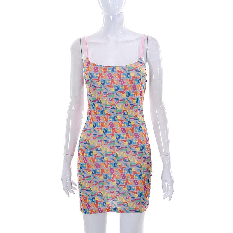 Mesh letter print contrast square neck backless cami mini dress - View 8