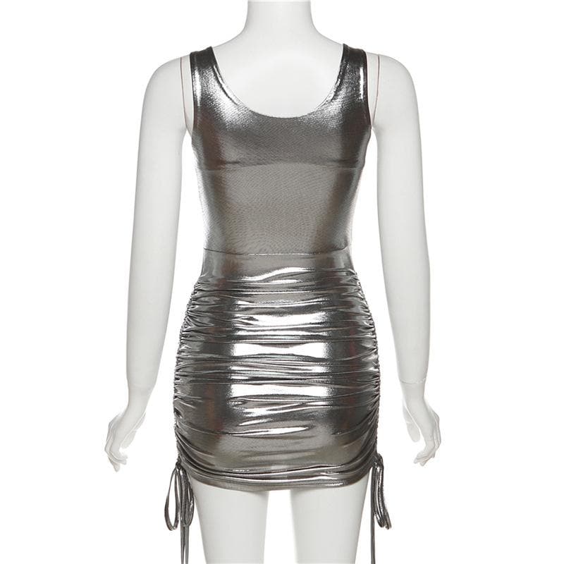 Mesh v neck drawstring buckle ruched metal mini dress - View 9