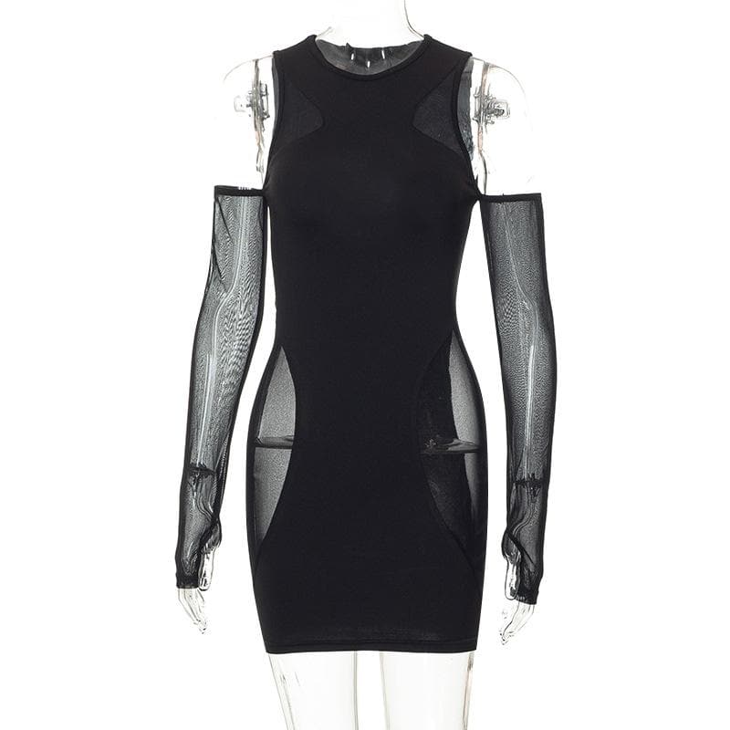 Mesh sleeveless solid gloves crewneck mini dress - View 8