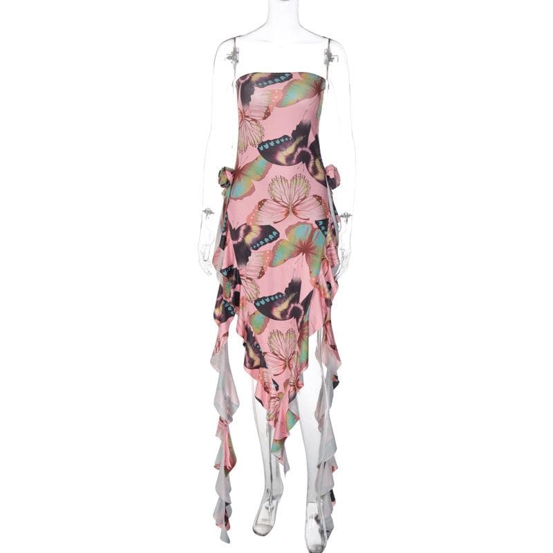 Butterfly print ruffle ribbon flower applique contrast maxi dress - View 4