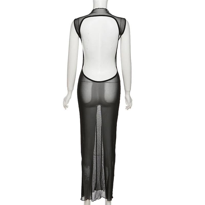 Sleeveless solid sheer mesh see through backless midi dress - View 4