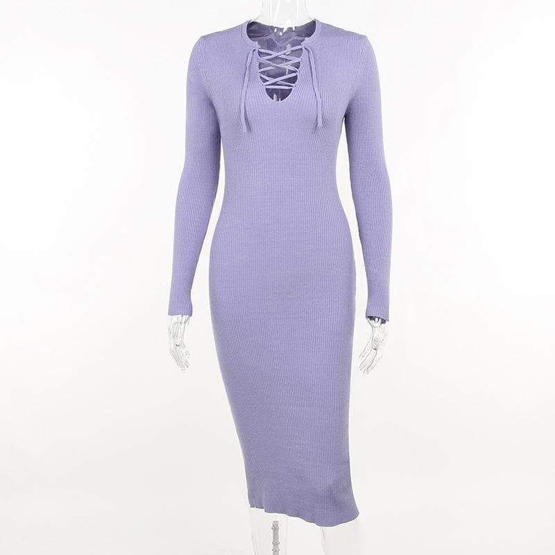 Lace up solid ribbed long sleeve notch neck mini dress - View 2