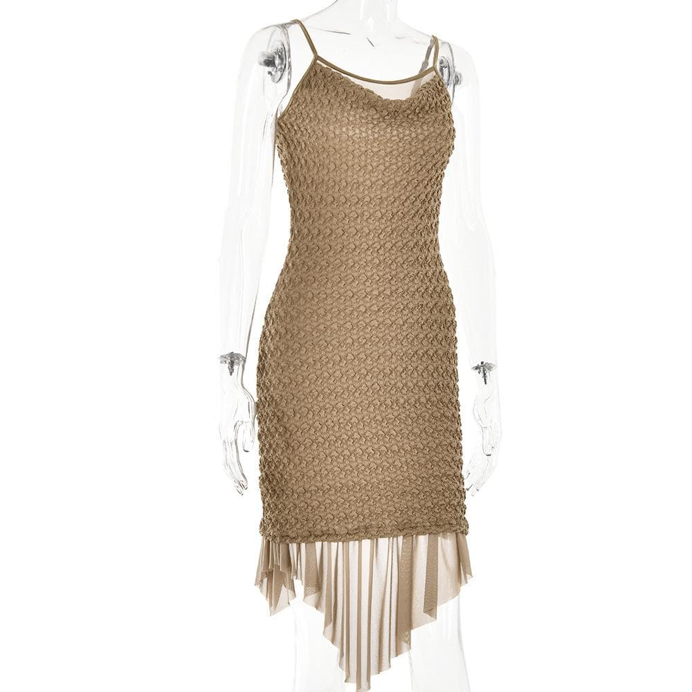 Textured mesh solid ruched irregular cami midi dress - View 3