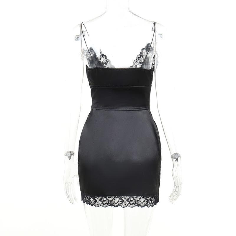 Satin V-Neck Lace Trim Lace Up Corset Mini Dress - View 4