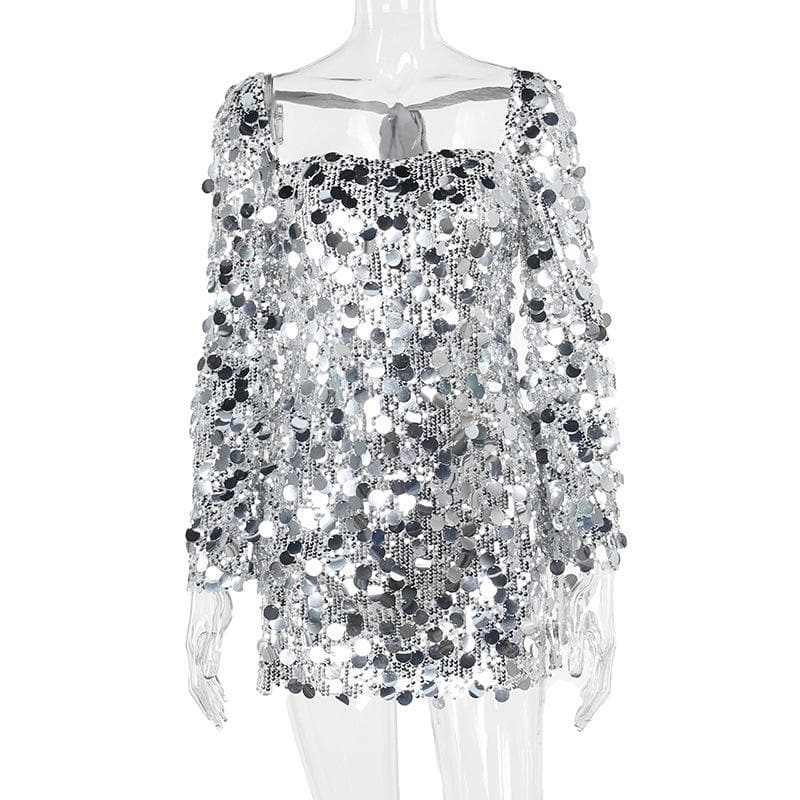 Glitter self tie long sleeve slit backless mini dress - View 2