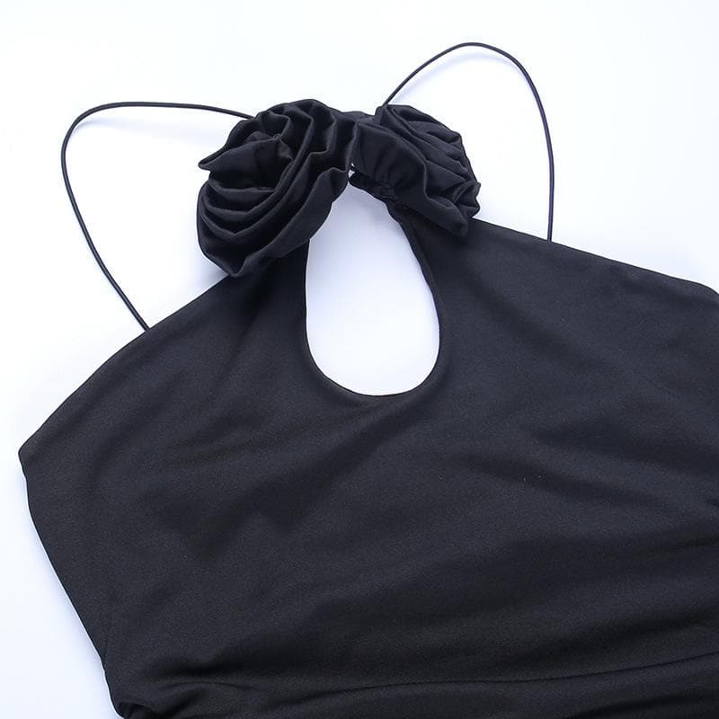 Rosette Appliqué Halter Cut Out Ruched Bodycon Mini Dress - View 11