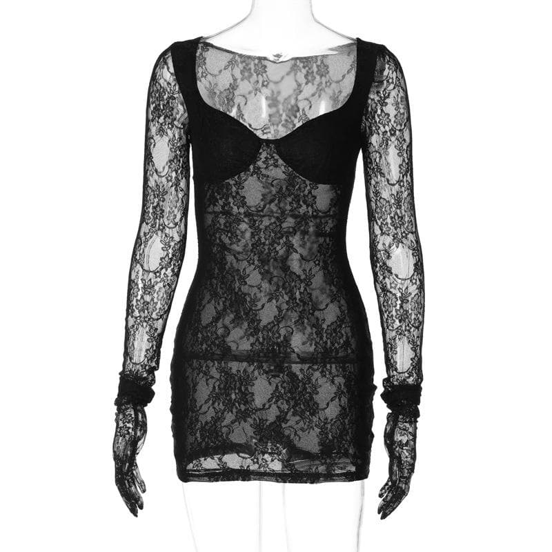 Long sleeve lace gloves see through sweetheart neck mini dress - View 2