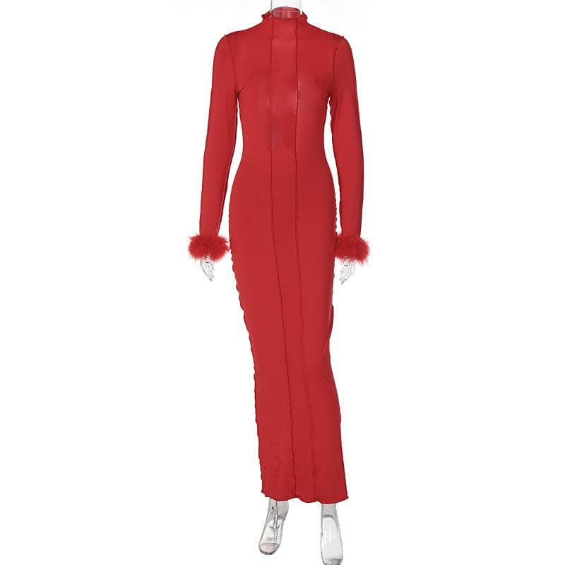 Long sleeve solid feather ruffle high neck backless midi dress - View 8