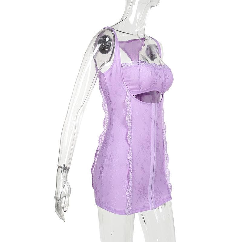 Square neck lace backless hollow out button solid cami mini dress - View 4