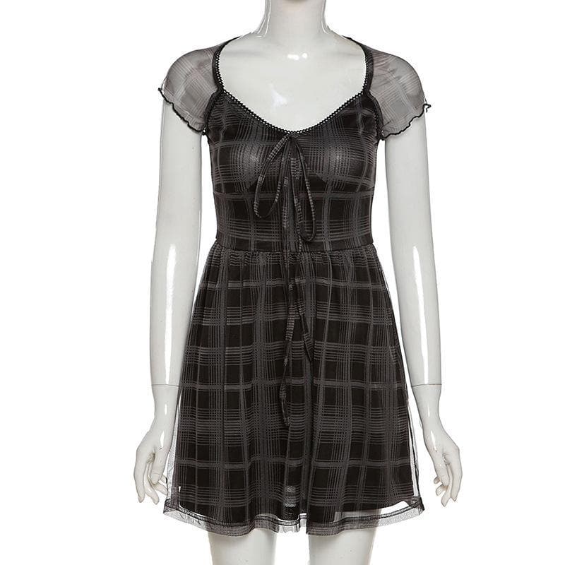 Mesh short sleeve plaid A line ruffled dress - View 4