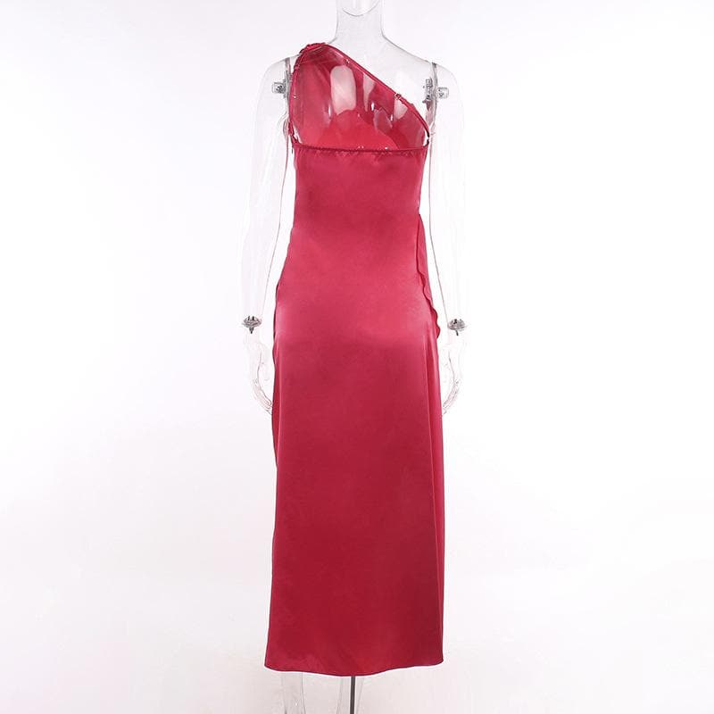 Slit solid satin one shoulder irregular ruched maxi dress - View 4