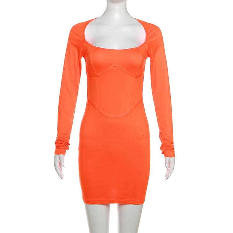 Square Neck Long Sleeve Corset Bodycon Mini Dress - View 4