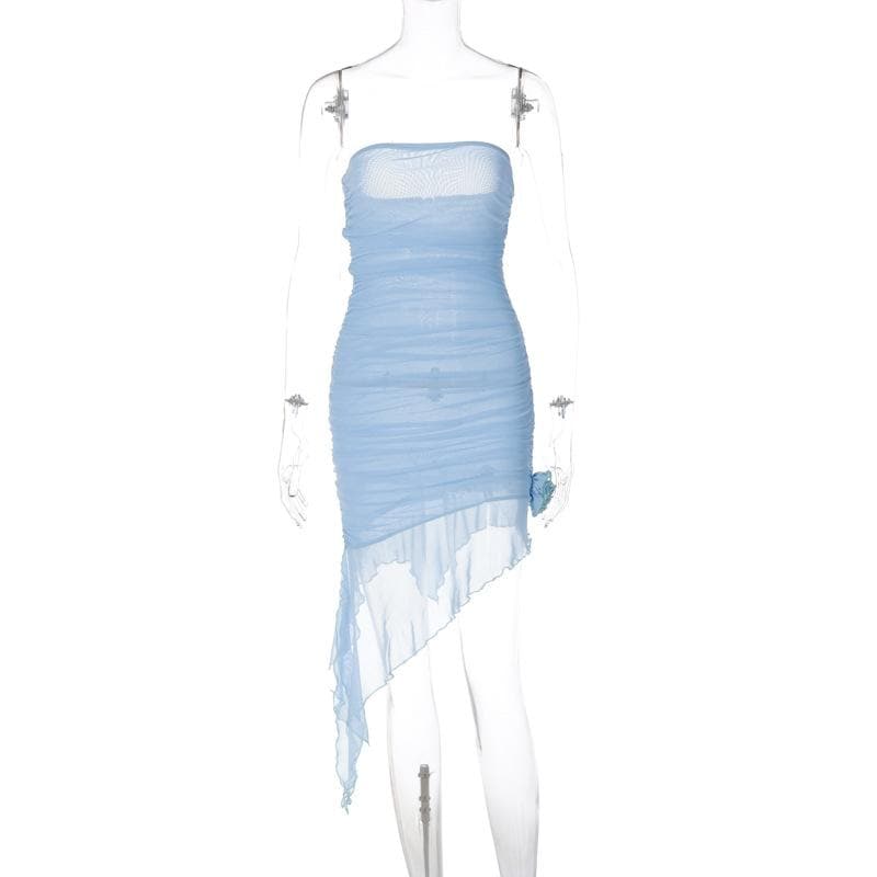 Mesh Strapless Ruched Floral Applique High Low Mini Dress - View 4