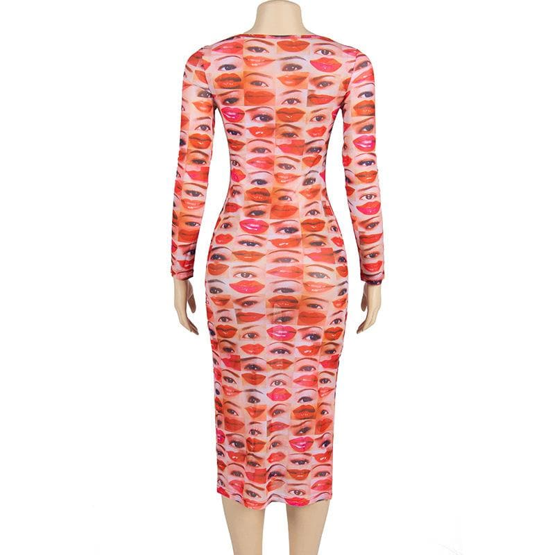 Long sleeve abstract u neck sheer mesh contrast midi dress - View 3