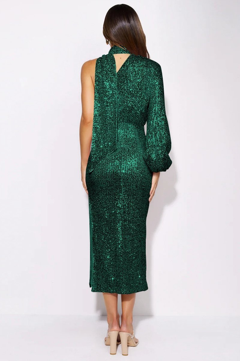 Sequin High Neck One Shoulder Long Sleeve Bodycon Midi Dress - View 8