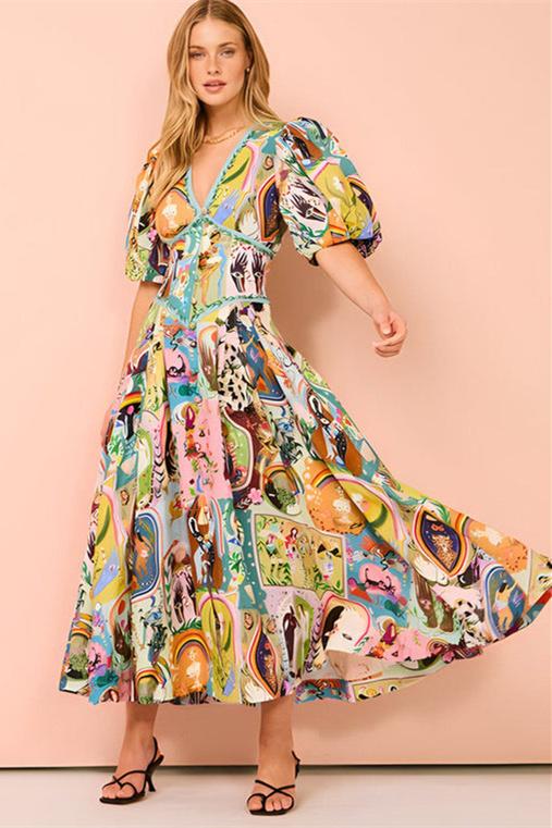 Artistic Print Deep V-Neck Puff Sleeve Button Front Midi Dress 5