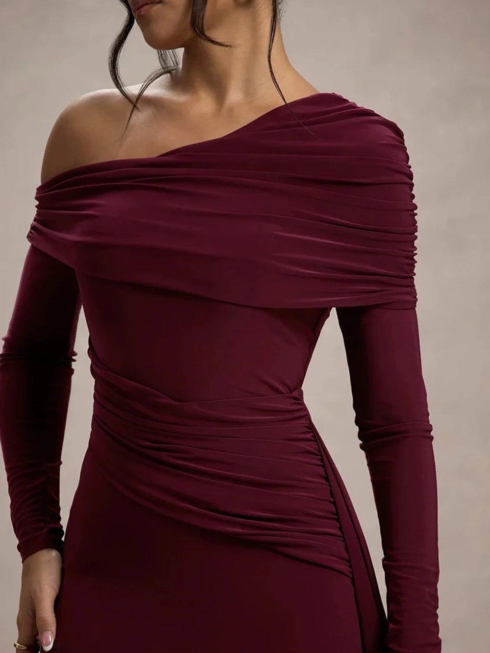 One Shoulder Long Sleeve Ruched Draped Bodycon Maxi Gown in Red - View 4