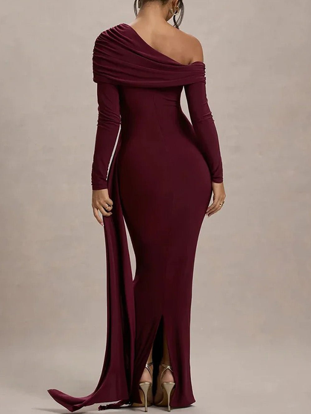 One Shoulder Long Sleeve Ruched Draped Bodycon Maxi Gown in Red - View 2