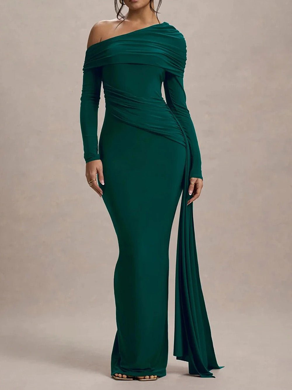 Off Shoulder Long Sleeve Ruched Mermaid Maxi Gown