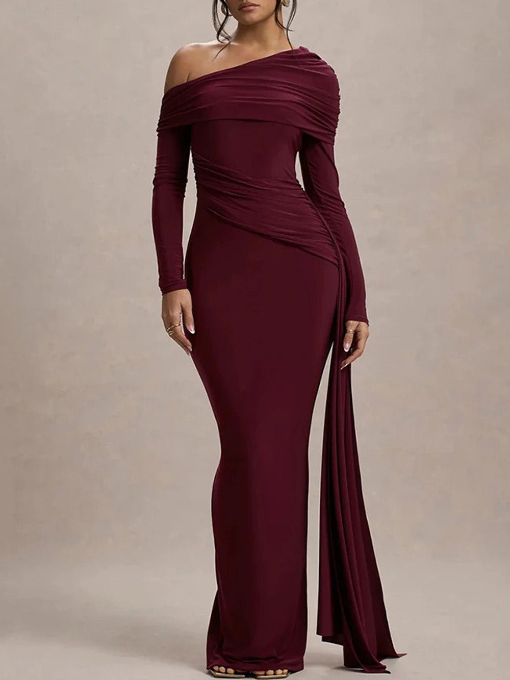 One Shoulder Long Sleeve Ruched Draped Bodycon Maxi Gown in Red - View 3