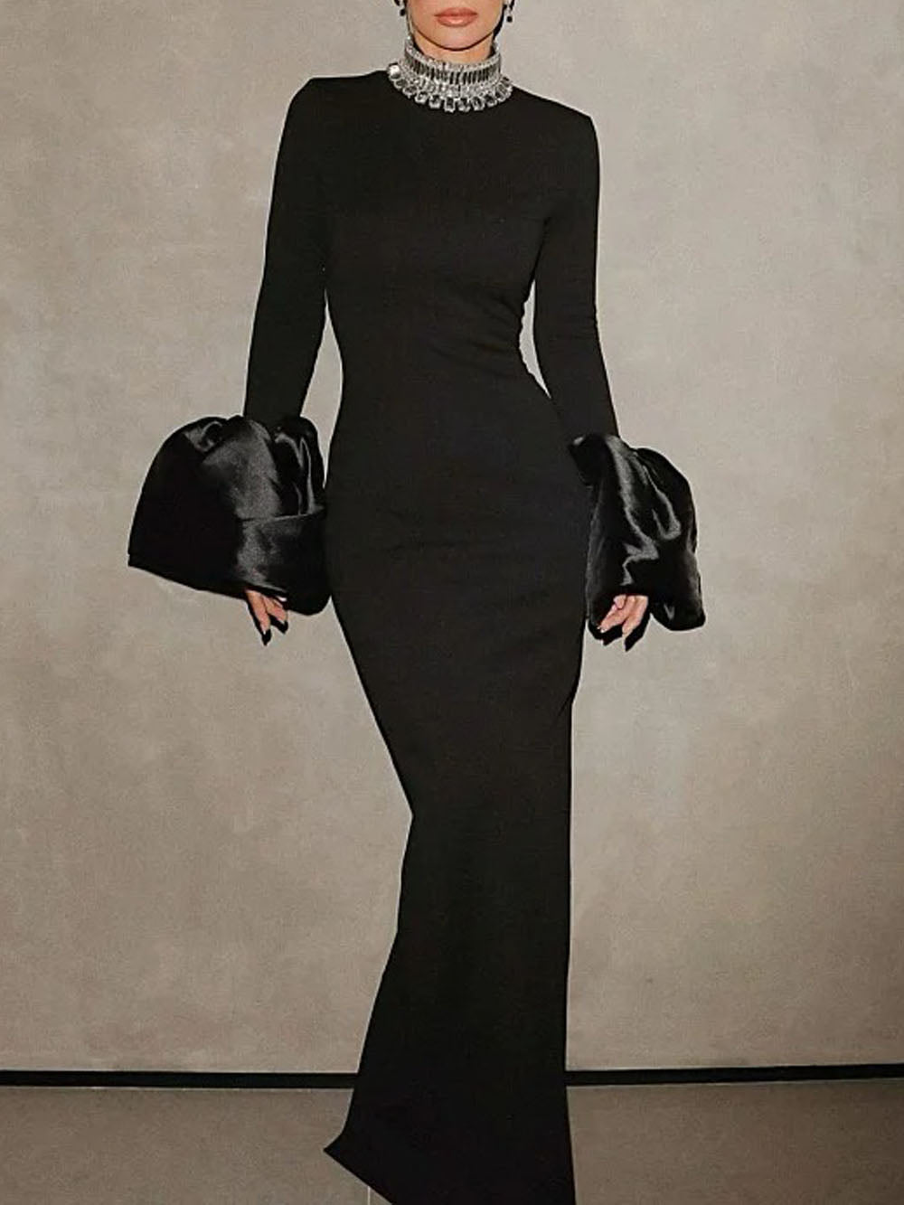 Rhinestone Collar Mock Neck Long Sleeve Satin Column Maxi Gown