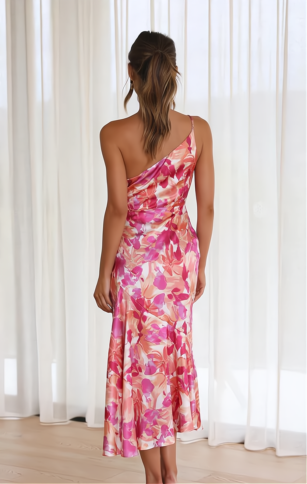 One Shoulder Floral Satin Mermaid Midi Dress - View 4