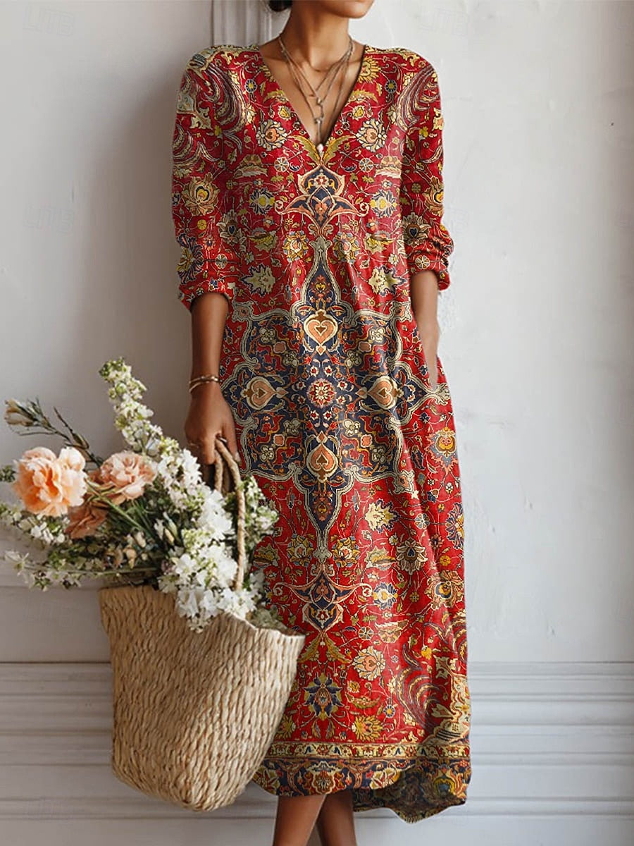 Paisley Print V-Neck Long Sleeve Pocket Maxi Dress 2