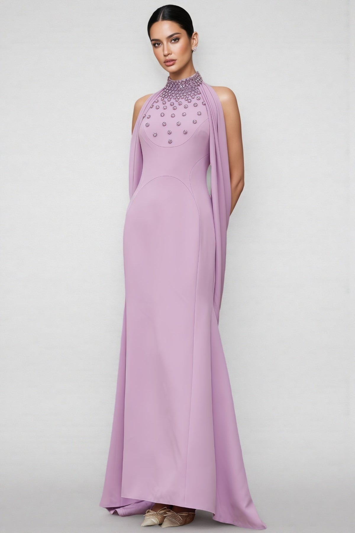 Beaded Floral Mock Neck Cape Sleeve Column Maxi Gown - View 2