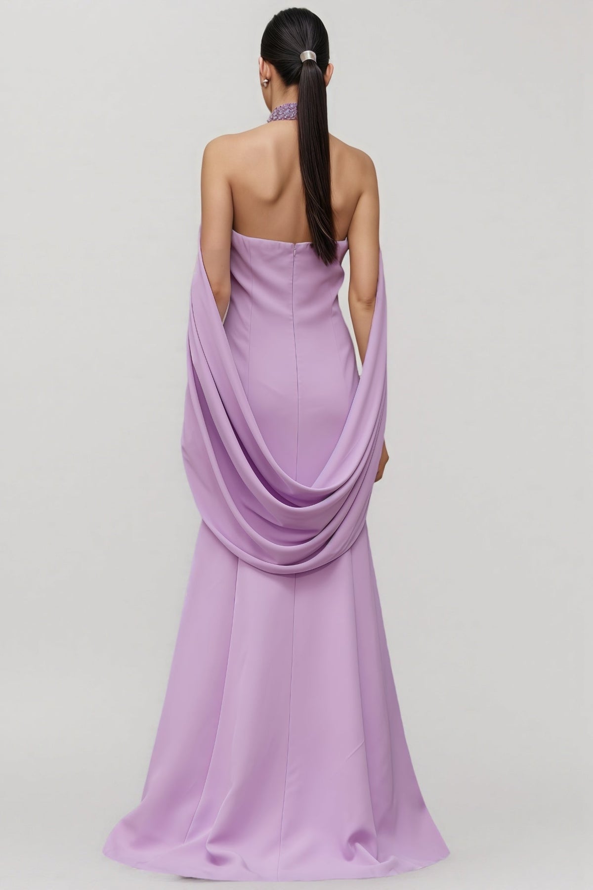 Beaded Floral Mock Neck Cape Sleeve Column Maxi Gown - View 8