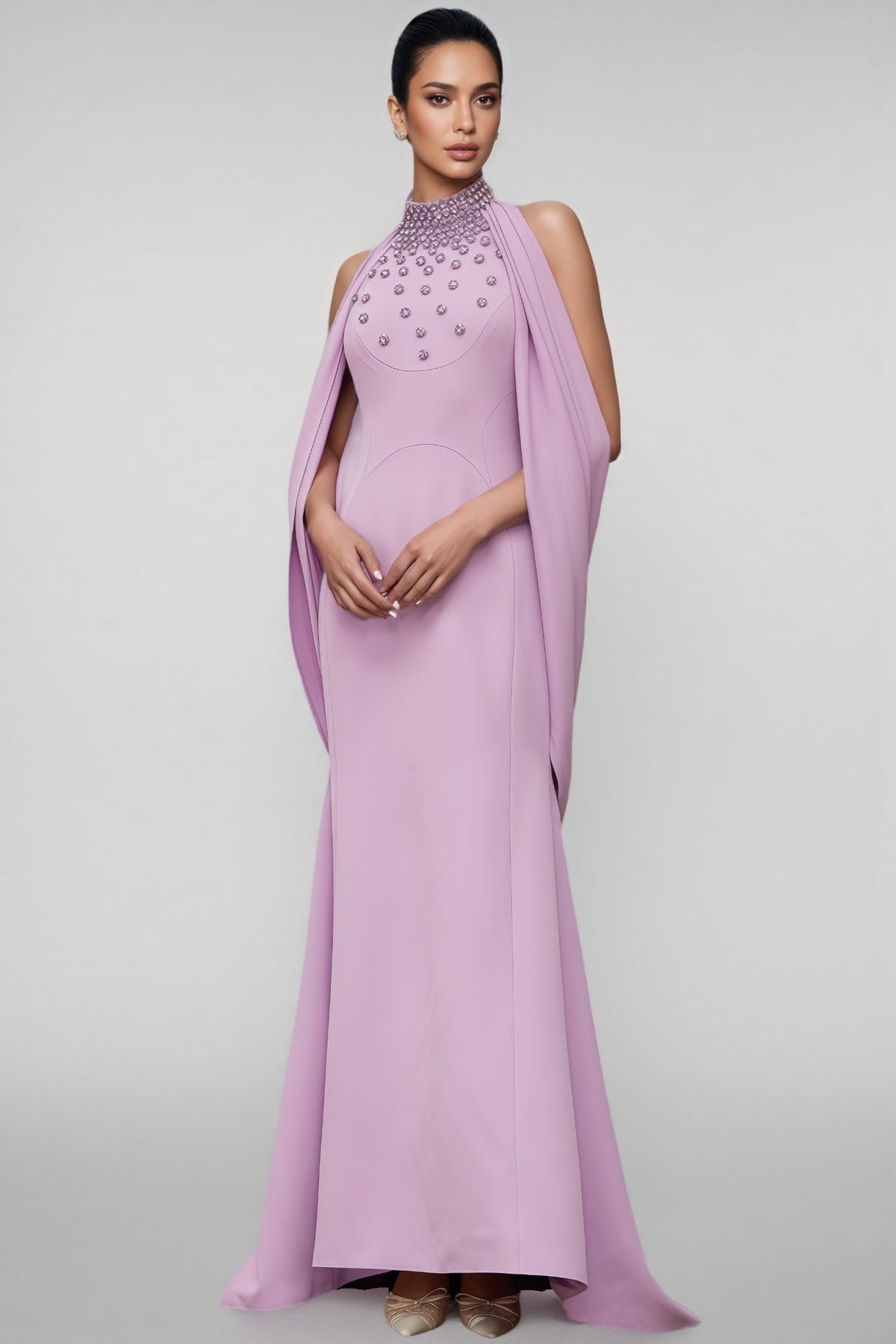 Beaded Floral Mock Neck Cape Sleeve Column Maxi Gown - View 4