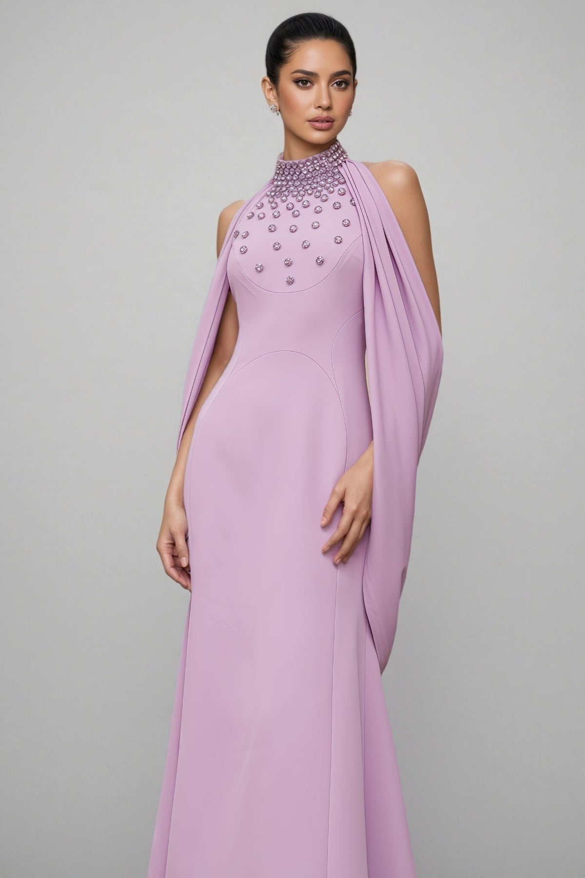 Beaded Floral Mock Neck Cape Sleeve Column Maxi Gown - View 7