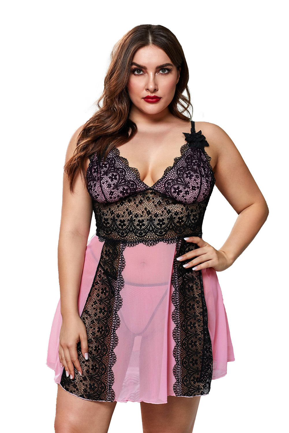 Floral Lace Spaghetti Strap Scalloped V-Neck Vertical Panel Gown - View 11