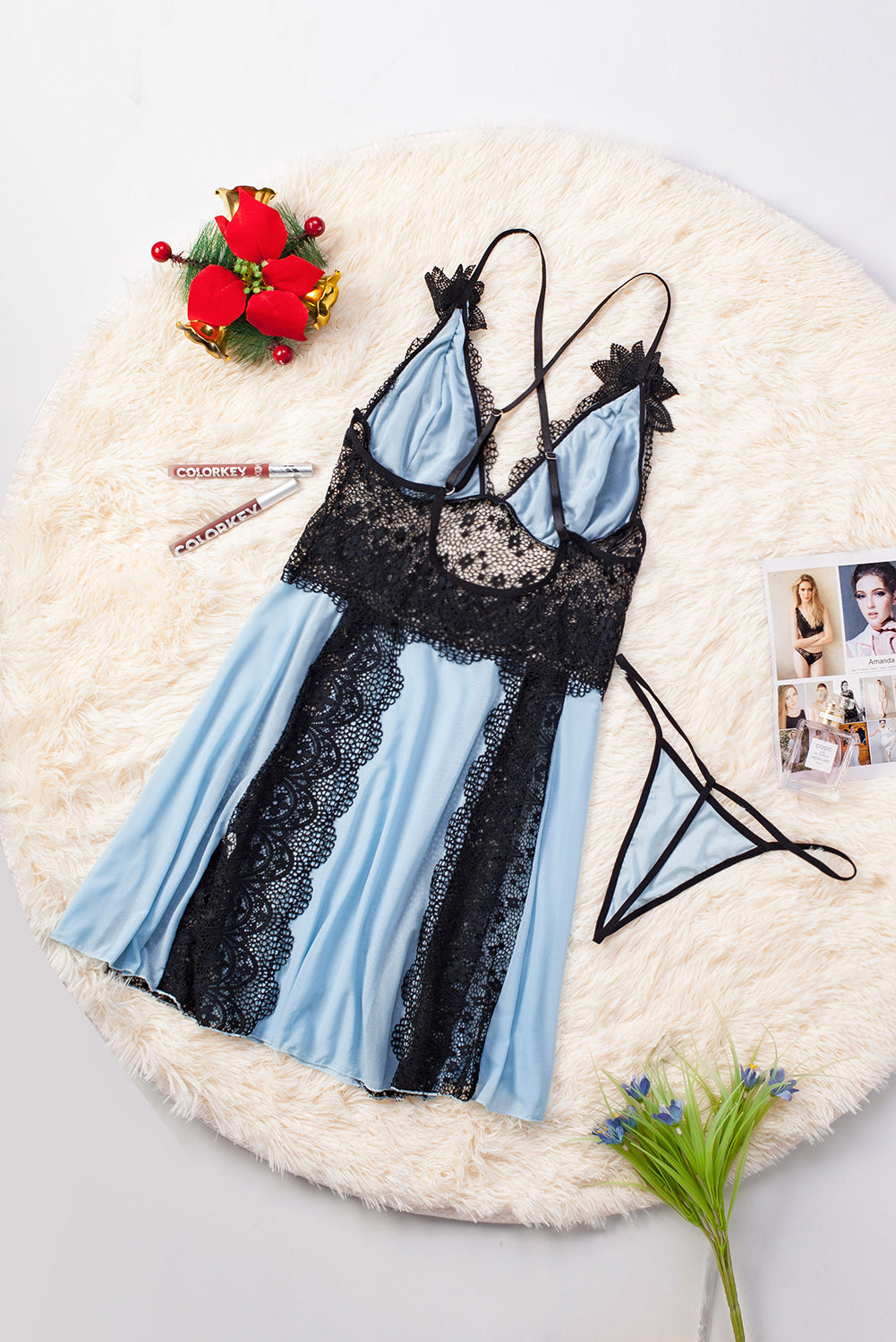 Floral Lace Spaghetti Strap Scalloped V-Neck Vertical Lace Panel Babydoll Gown 54